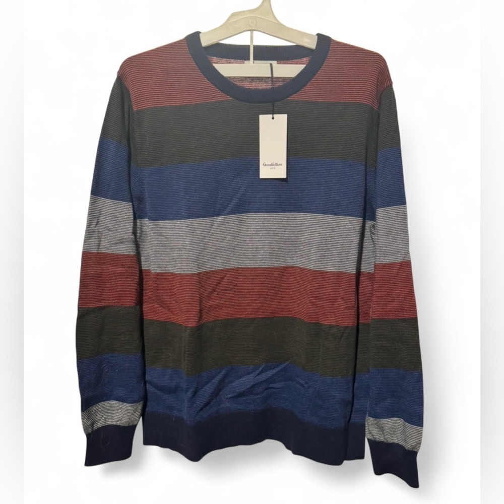 Size Large Goodfellow & Co Men's Striped Crewneck Sweater - Red, Blue, Gray - Picture 1 of 4